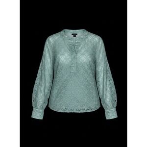 Ann Taylor Seafoam Green Eyelet Embroidery Split Neck Blouse XSP Petite